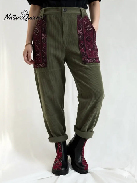 Women's Retro Print Patchwork Corduroy Pants