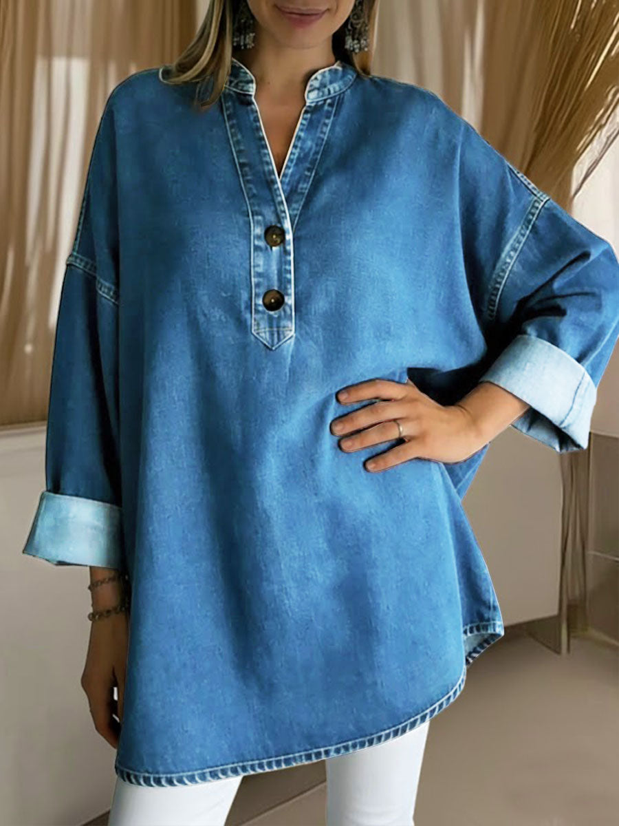 Women's V-neck Long-sleeved Loose-fitting Denim Top