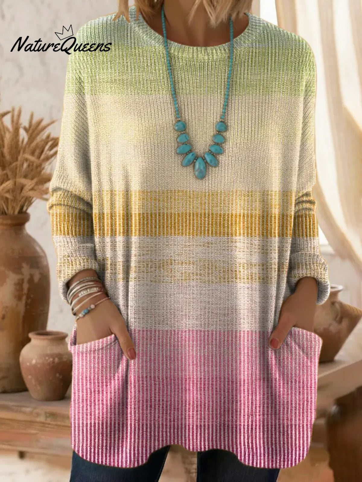 Women's Gradient Pattern Art Print Casual Cotton Knitted Sweater