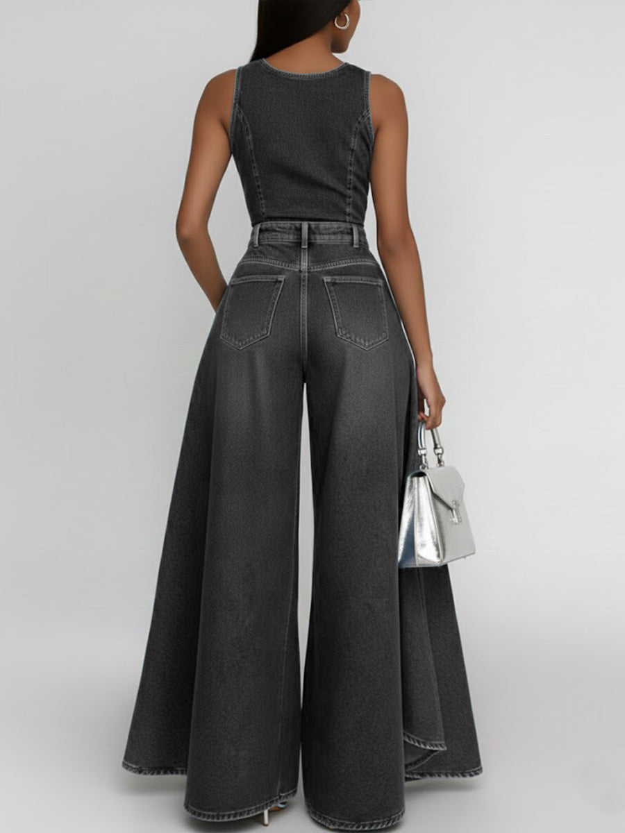 Women's Round Neck Sleeveless Casual Loose Wide-leg Denim Jumpsuit
