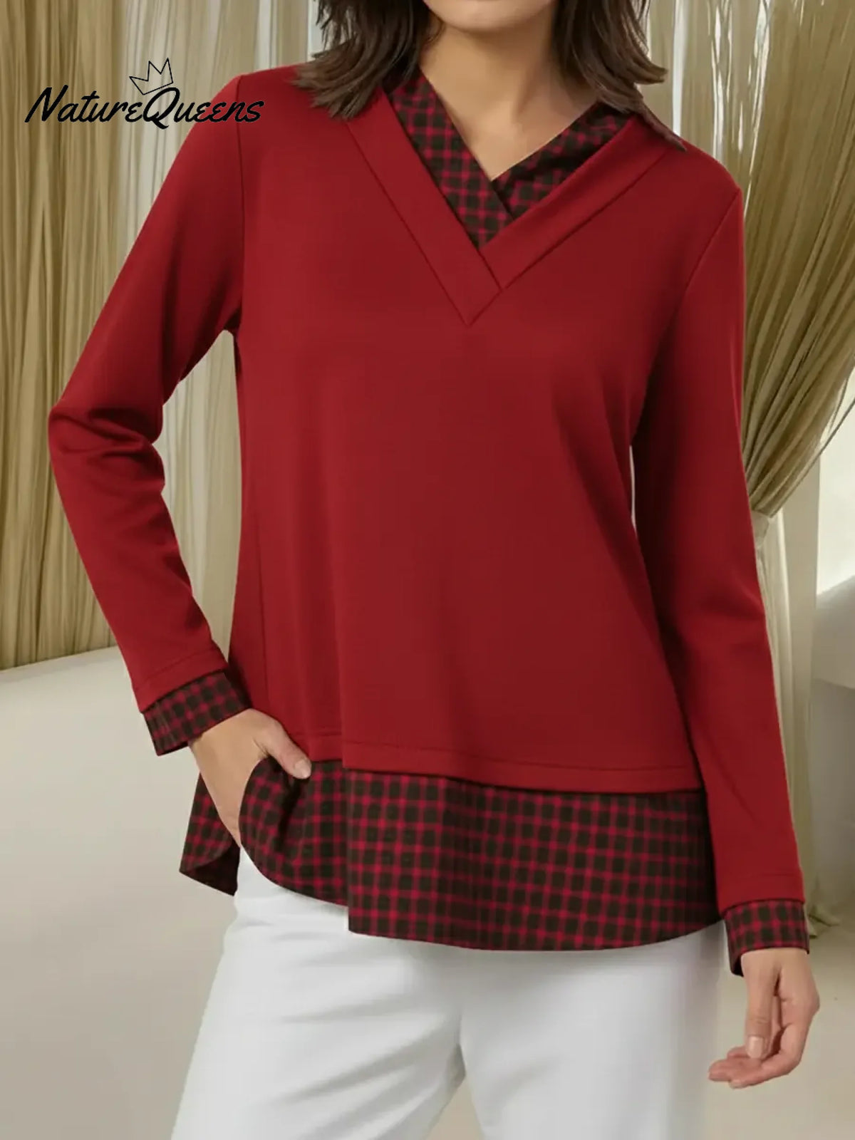 Women's Comfortable Plaid Patchwork Cotton Top