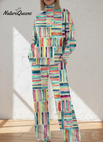 Women's Abstract Pattern Art Print Casual Knitted Cotton Top Pants Suit