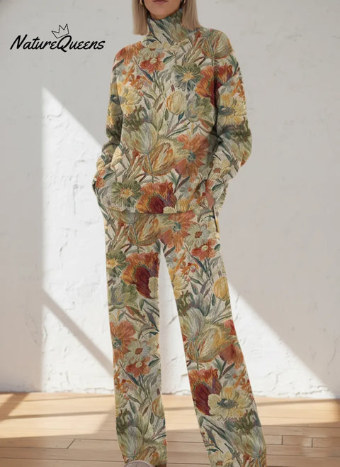 Women's Retro Flower Art Print Casual Knit Set