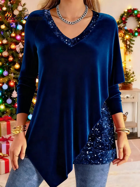 Women's Christmas Velvet and Shimmering Fabric Patchwork Top