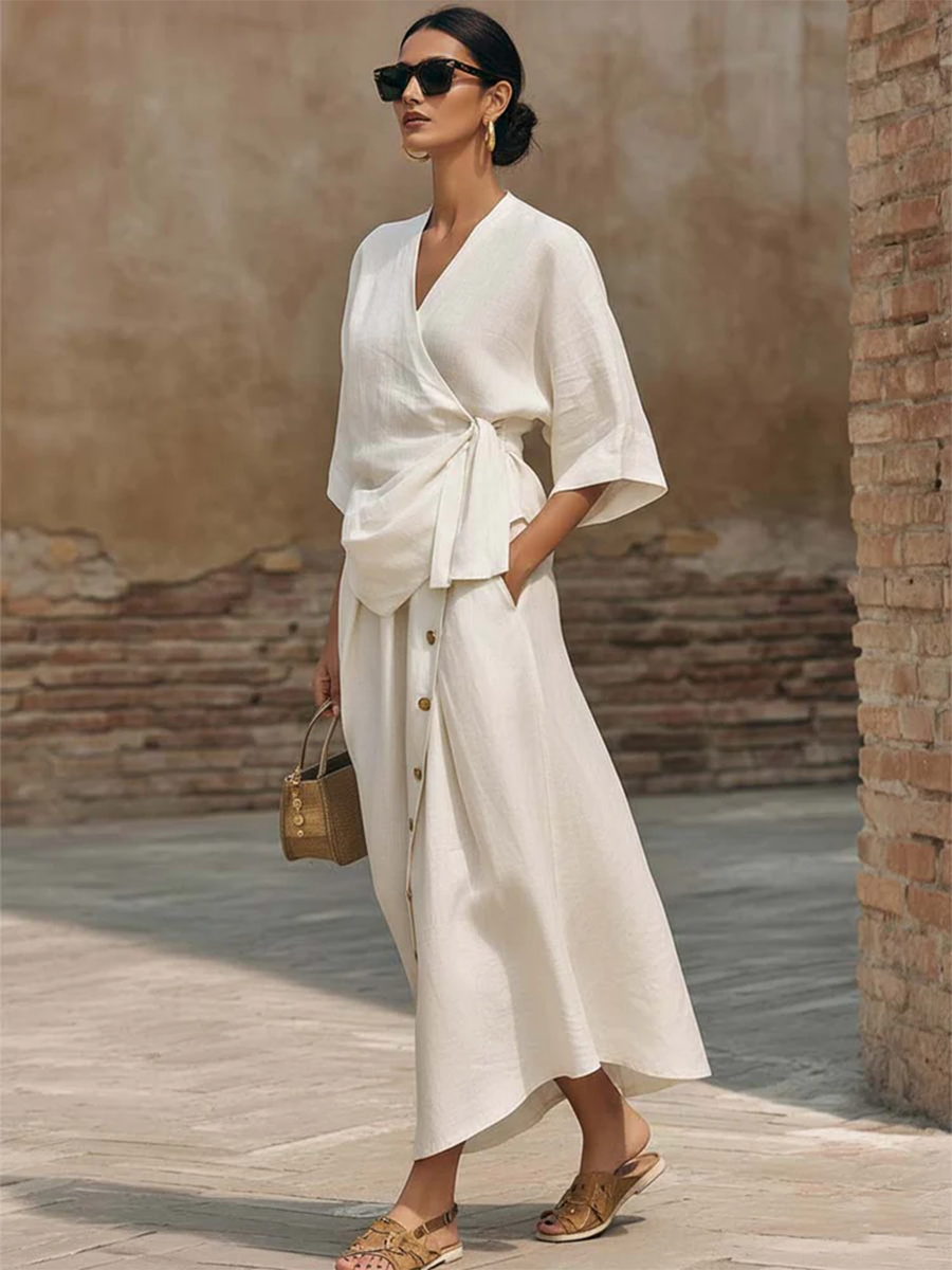 Casual Tie-front Shirt & Skirt Cotton Linen Two-piece Set