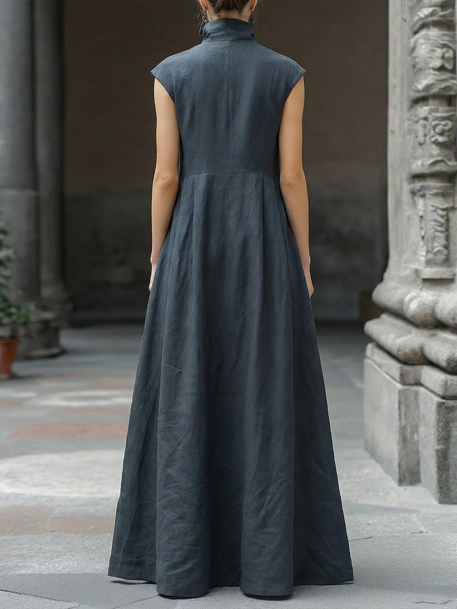 Minimalist Elegance Mock-neck Cotton-linen Maxi Dress