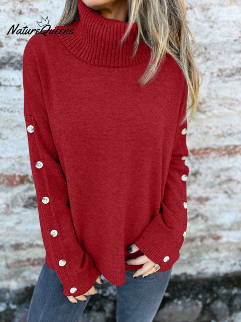 Women's Solid Color Casual Turtleneck Button Sweater