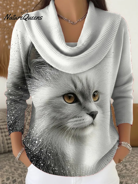 Women's Cute Cat Pattern Art Print Casual Cowl Neck Sweater