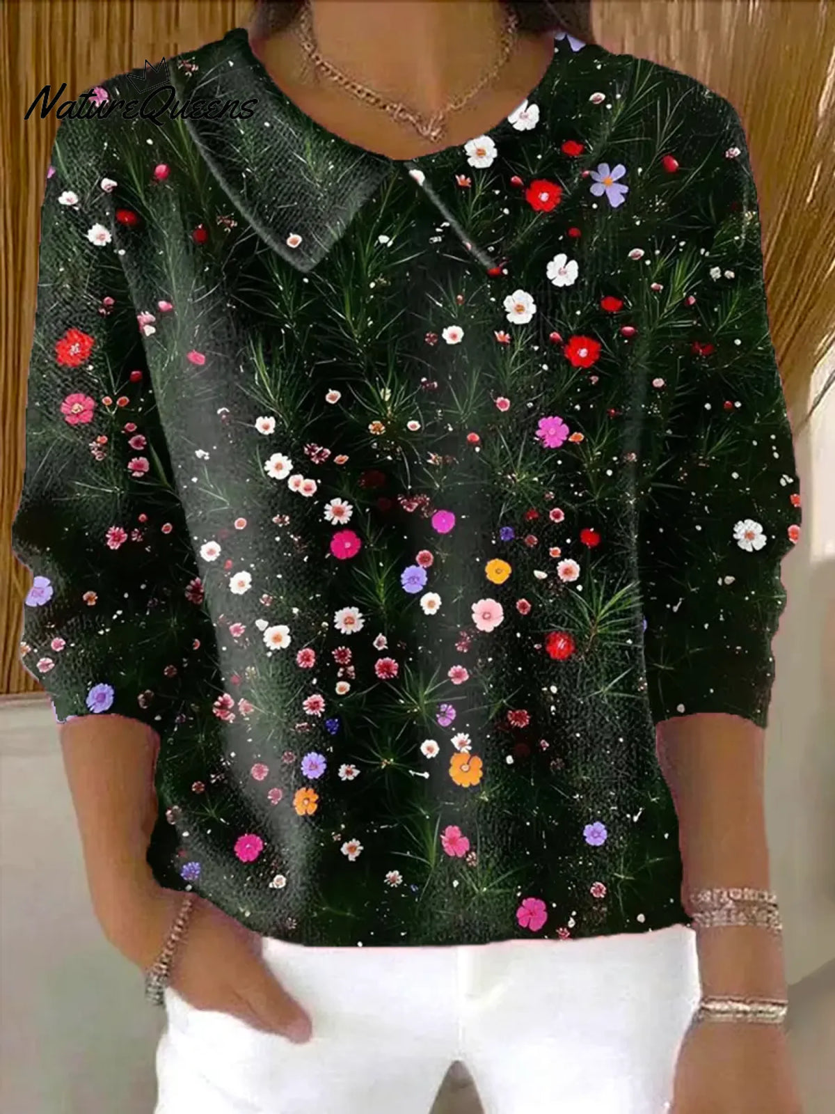 Women's Vintage Flower Print Casual Peter Pan Collar 3/4 Sleeve Sweater