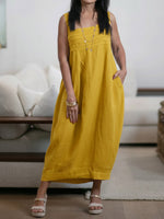 Women's New Spring Collection Square-neck Sleeveless Casual Loose Cotton And Linen Sundress.