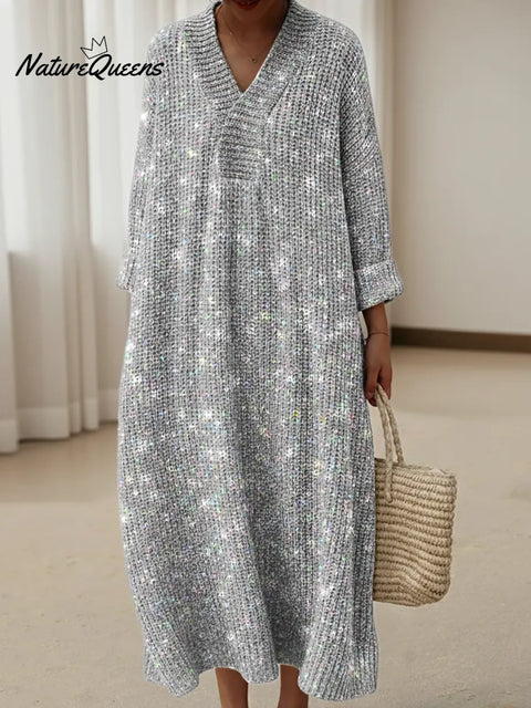 Retro Sparkling Print Knitted V-neck Dress