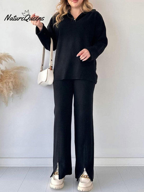 Women's Striped Solid Color Zipper Casual Knit Suit