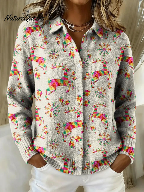 Women's Retro Colorful Deer Printed Collared Sweater
