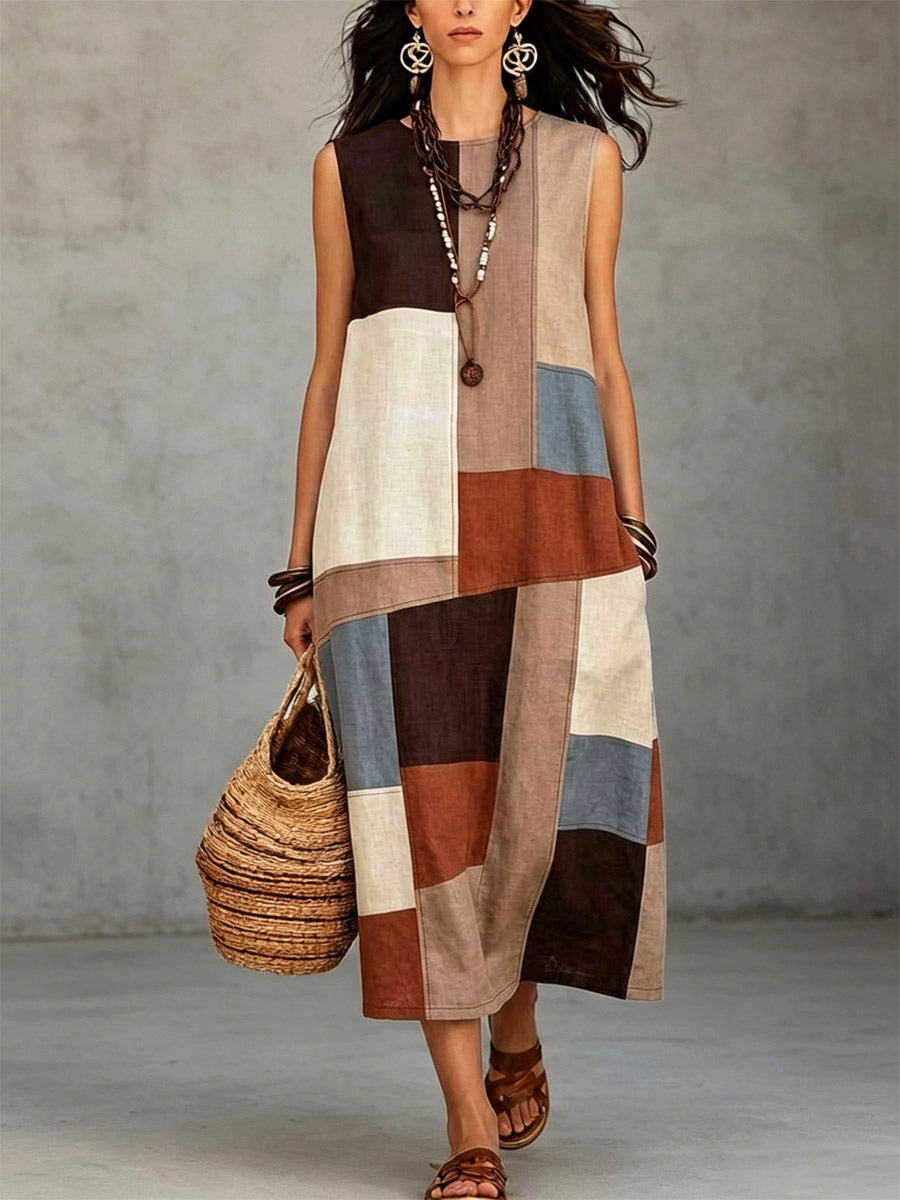 Women's Geometric Pattern Art Casual Sleeveless Cotton Linen Dress