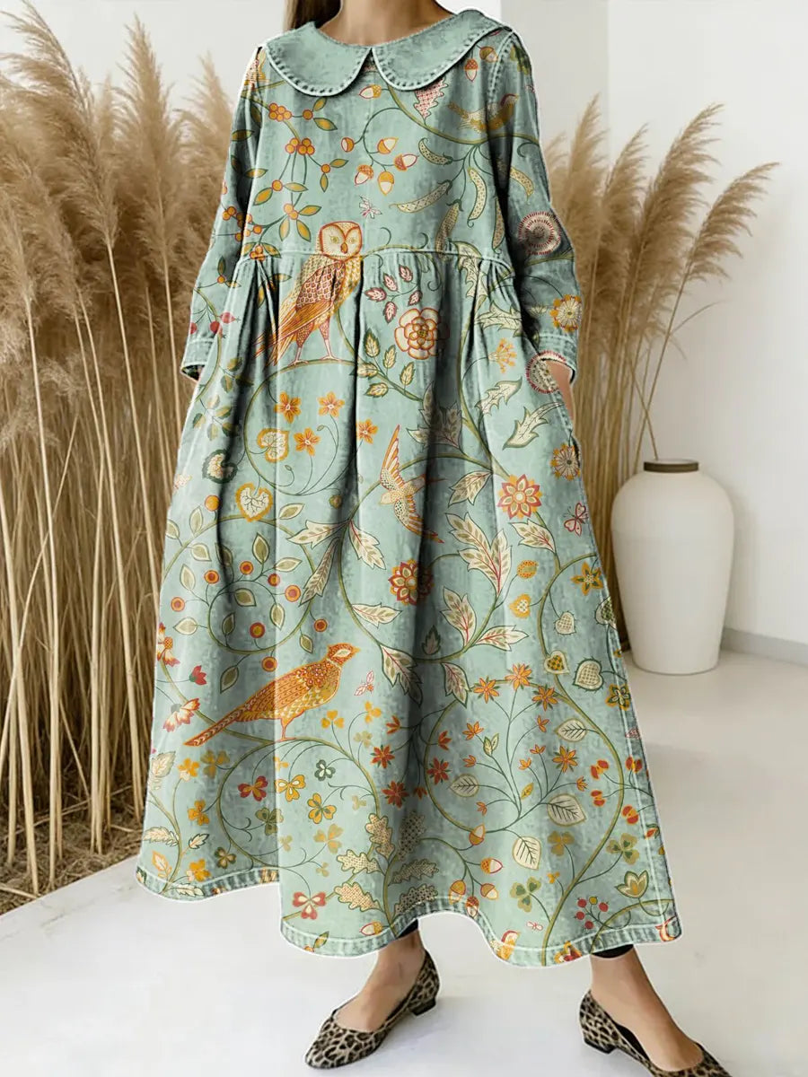 Women Floral Birds Pattern Art Print Casual Denim Dress