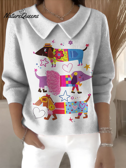 Cute dressed up dachshund decorative pattern Casual Peter Pan Collar Sweater