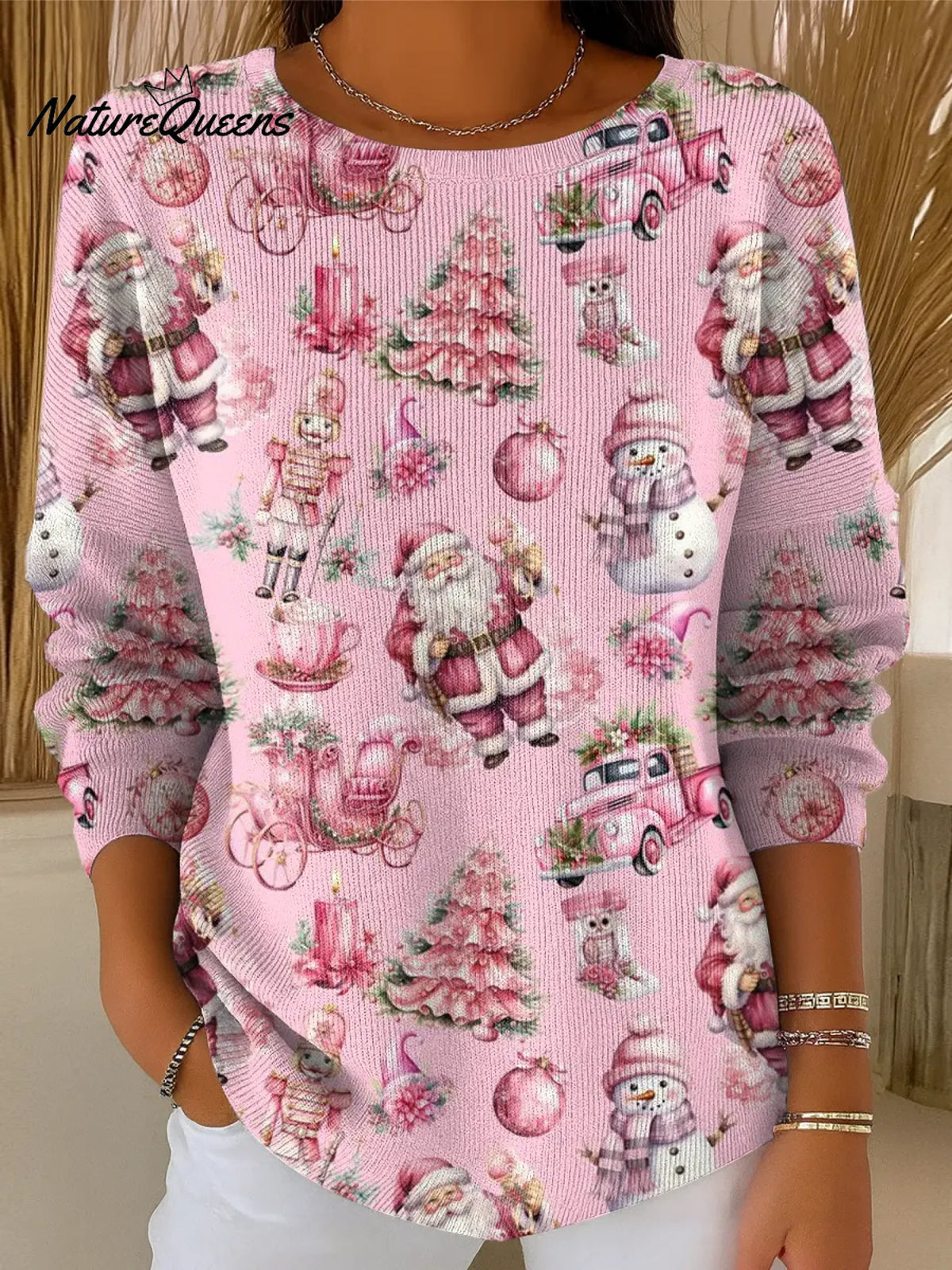Women's Pink Christmas Casual Pullover Sweater