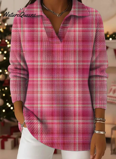 Women's Plaid Pattern Art Print Casual Cotton Sweater