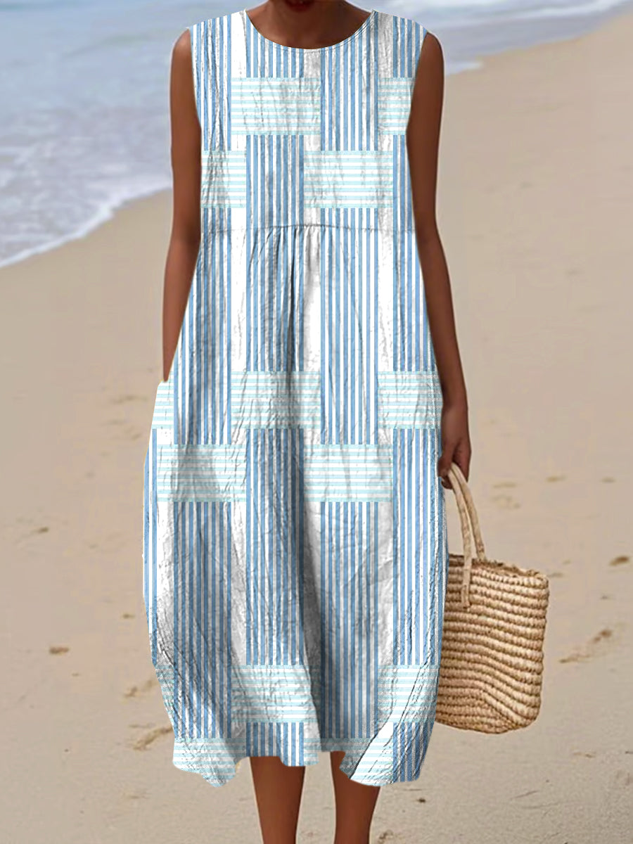 Women's Vintage Geometry Art Print Sleeveless Cotton Pocket Wrap Dress