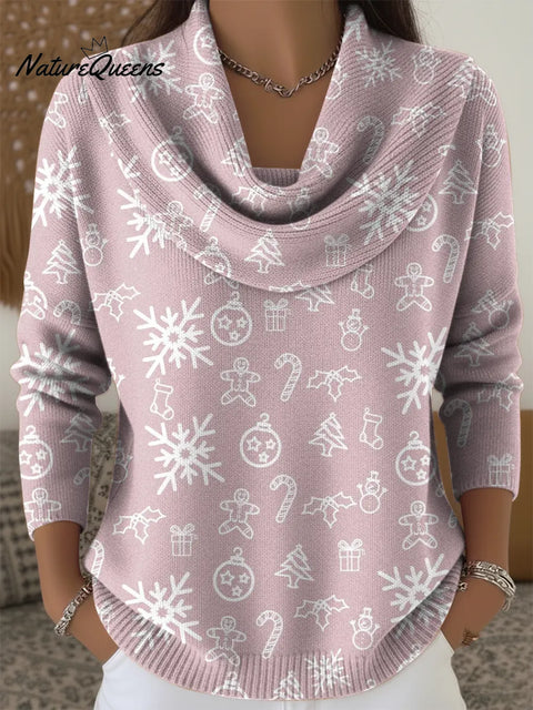 Women's Pink Christmas Elements Print Cowl Neck Sweater