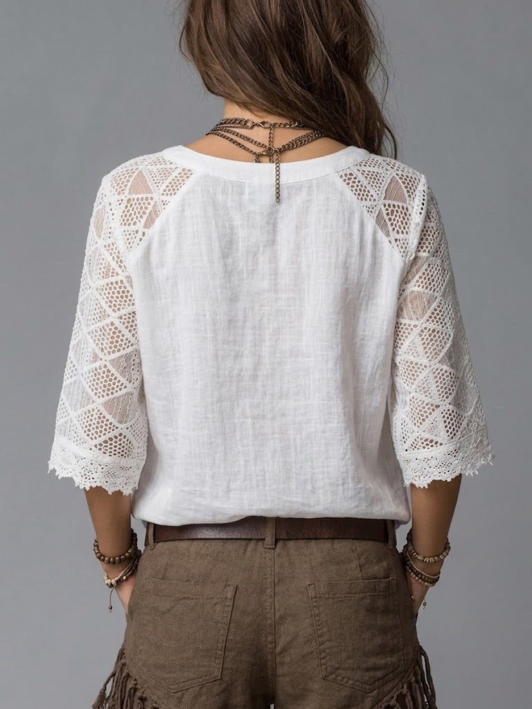 Casual Lace-paneled Linen And Cotton Top