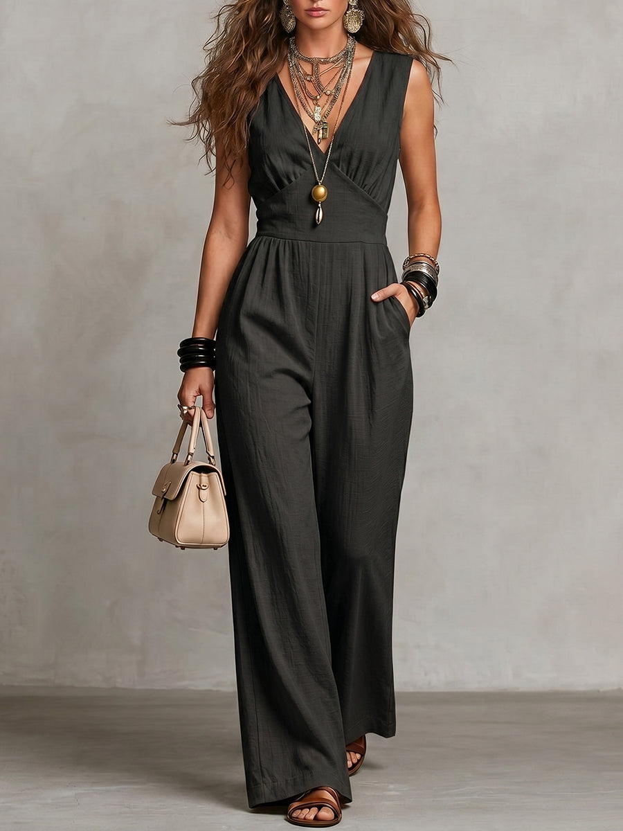 Women's V-neck Sleeveless Wide-leg Jumpsuit