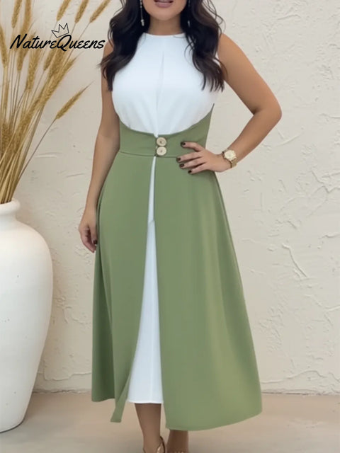 Elegant and fashionable fake two-piece color-blocked midi dress