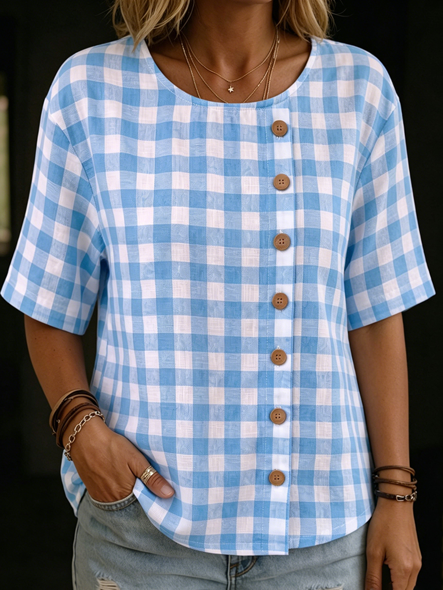 Vintage-style Cozy Gingham Cotton-linen Shirt