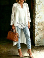 Women's Casual White High Low Blouse Eyelet Embroidered Maxi Shirt Tops