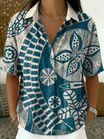 Retro Ethnic-style Short-sleeve Shirt With Geometric Line Print And Turn-down Collar