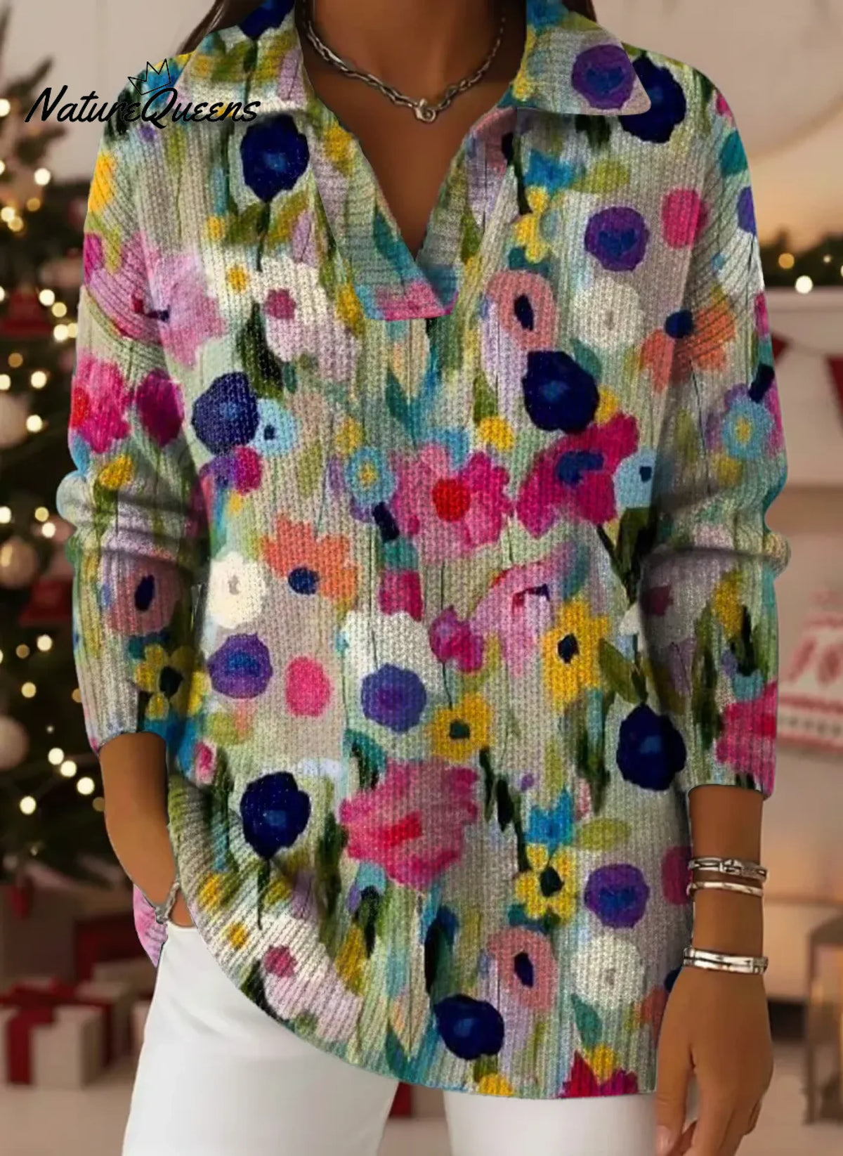 Floral Art Print Lapel Casual Knit Sweater