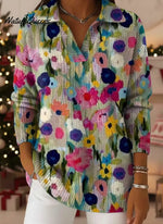 Floral Art Print Lapel Casual Knit Sweater