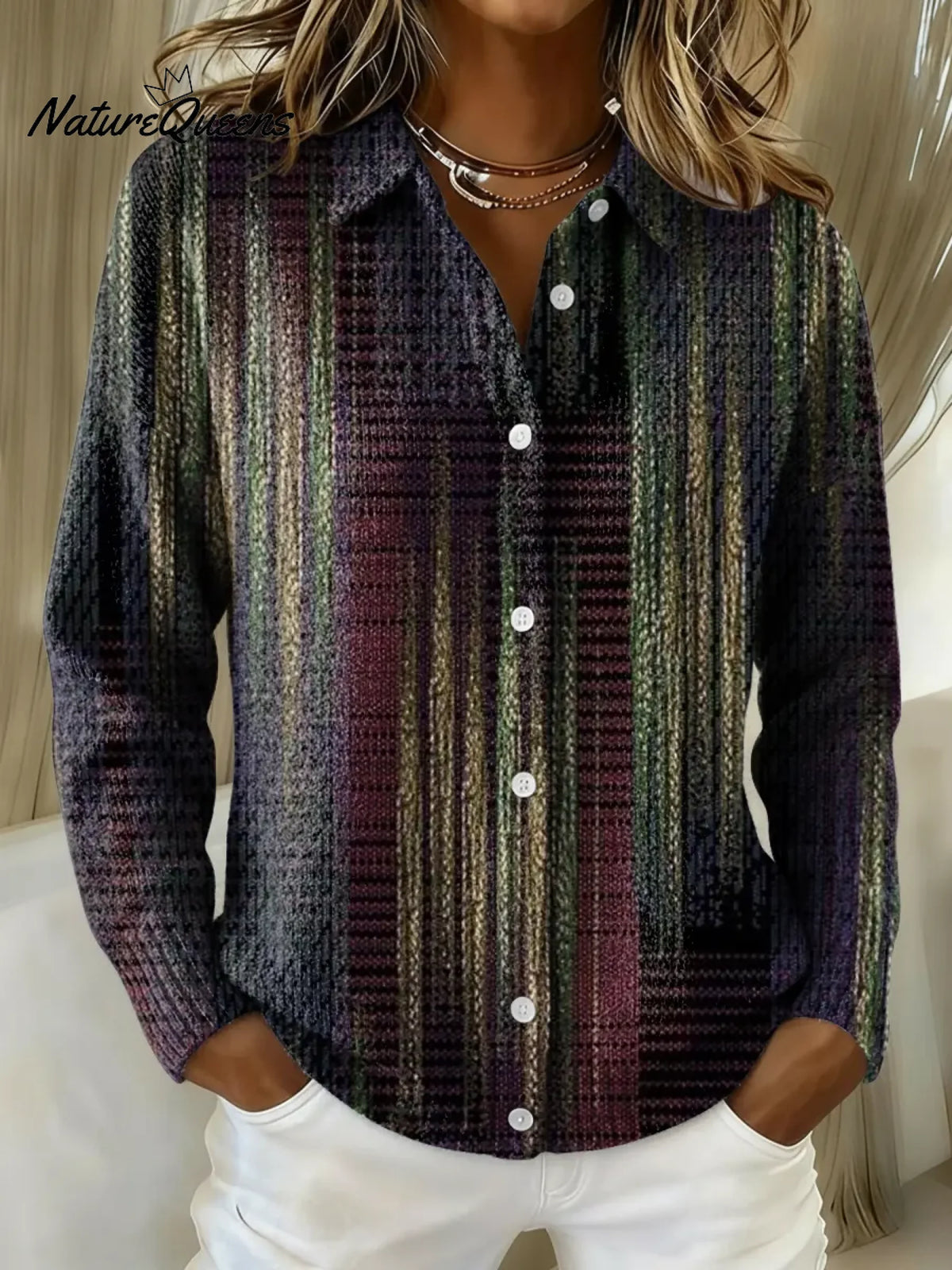 Women's Retro Gradient Stripes Collared Sweater