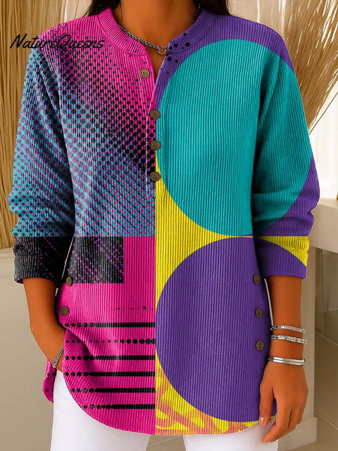Geometry Color Block Art Pattern Polo Collar Shiny Loose Sweater Top