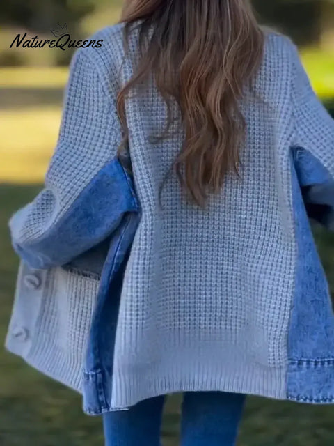 Women's Casual Loose Patchwork Denim Cardigan Sweater