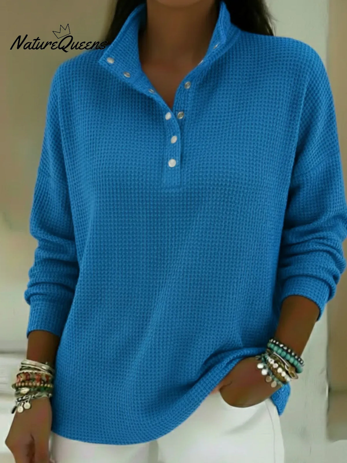 Casual Stand-collar Button-up Waffle-knit Sweatshirt