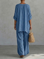 Cozy And Casual Linen-cotton Two-piece Set (top And Trousers)