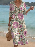 Women's Retro Floral Pattern Art Print Casual Stylish Cotton Linen Dress