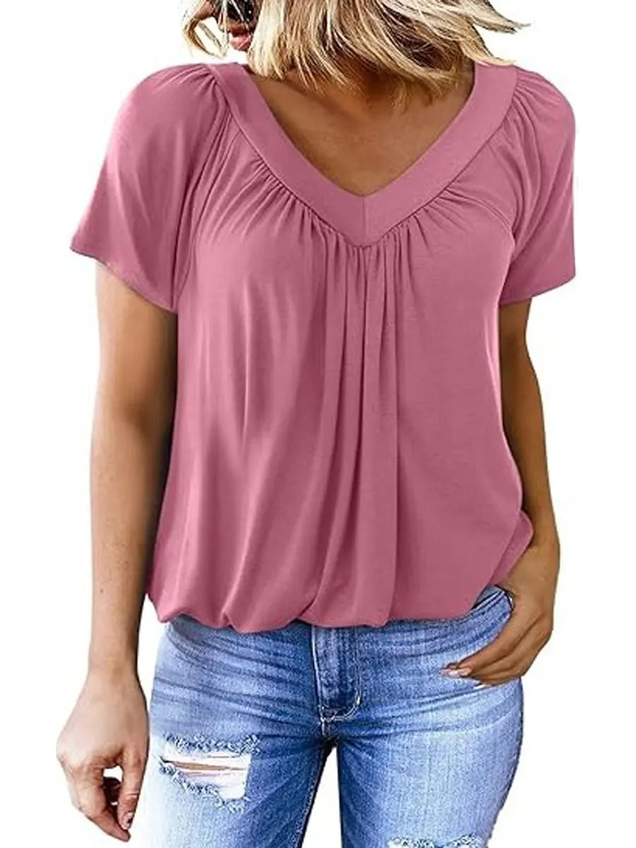 Women's Solid Color V-Neck Casual Cotton T-shirt