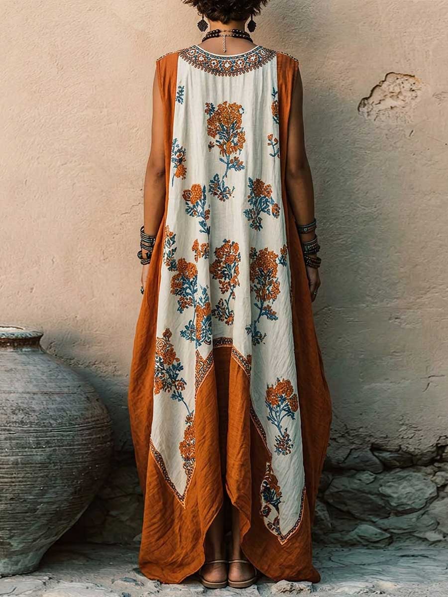 Women's Casual Loose Cotton-linen Dress — V-neck Sleeveless With Placement Print