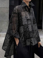 Women's Casual Loose-fit Printed Top With Shirt Collar And Long Sleeves