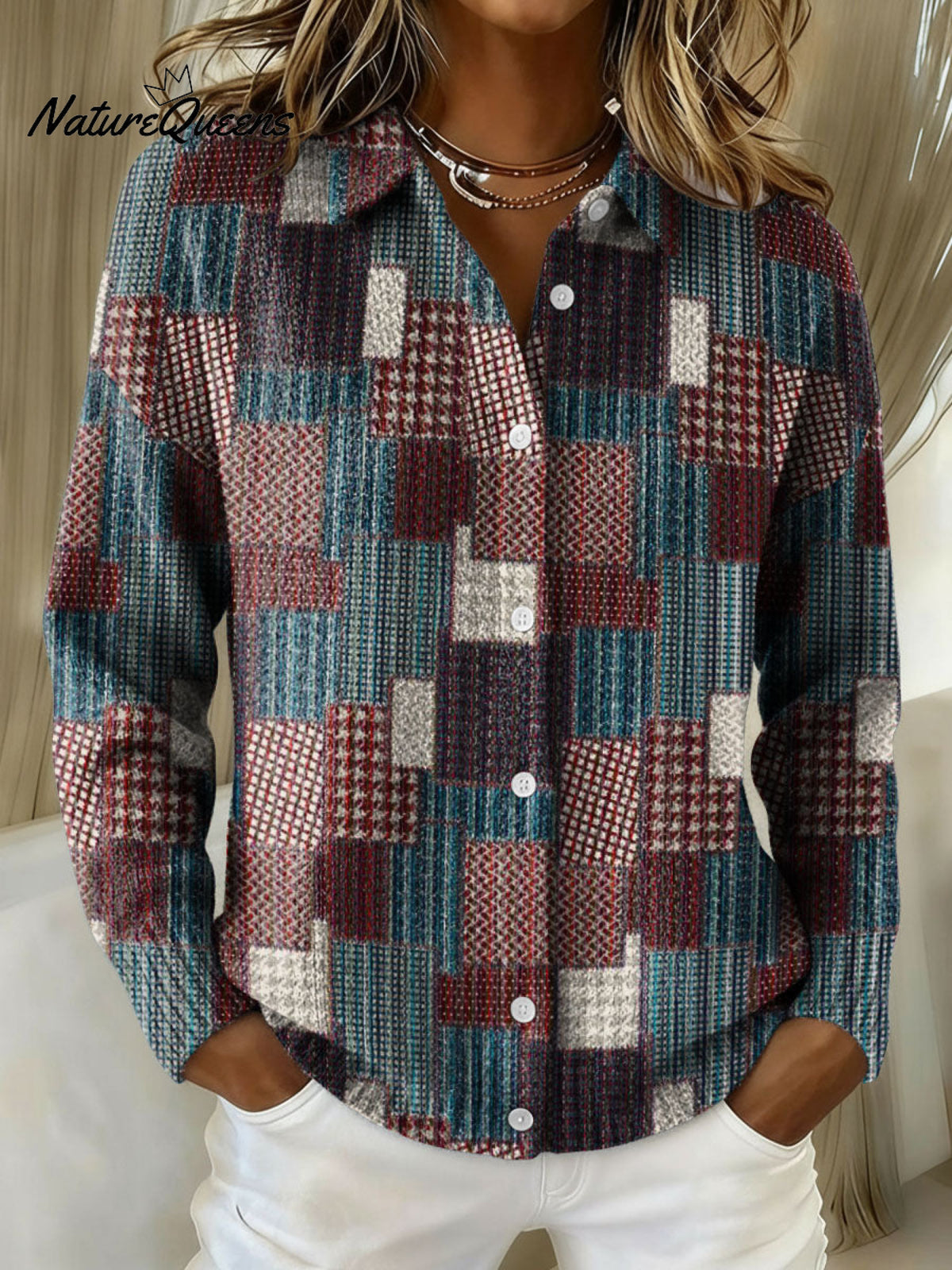 Mixed And Matched Square Decorative Patterns Casual Shirt Collar Long Sleeve Sweater