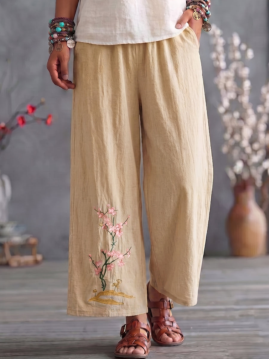 Cozy Floral-embroidered Cotton-linen Straight-leg Cropped Pants
