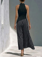 Stylish Sleeveless Cowl-neck Top With Asymmetrical Hem & Striped Wide-leg Pants Two-piece Set