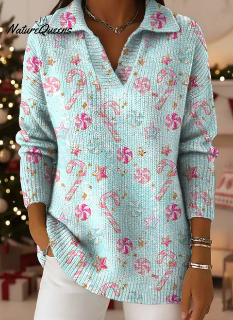 Christmas Print Lapel Casual Knit Sweater