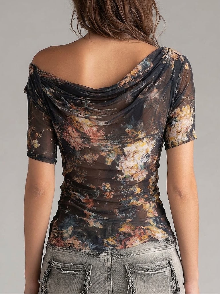 Bohemian Cowl-neck Stretch Mesh Top With Artistic Print
