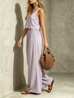 Women's Vintage Cotton-linen V-neck Sleeveless Top And Trousers Set