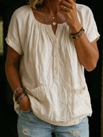 Women's Solid-color V-neck Short-sleeve Casual Loose Cotton-linen Top