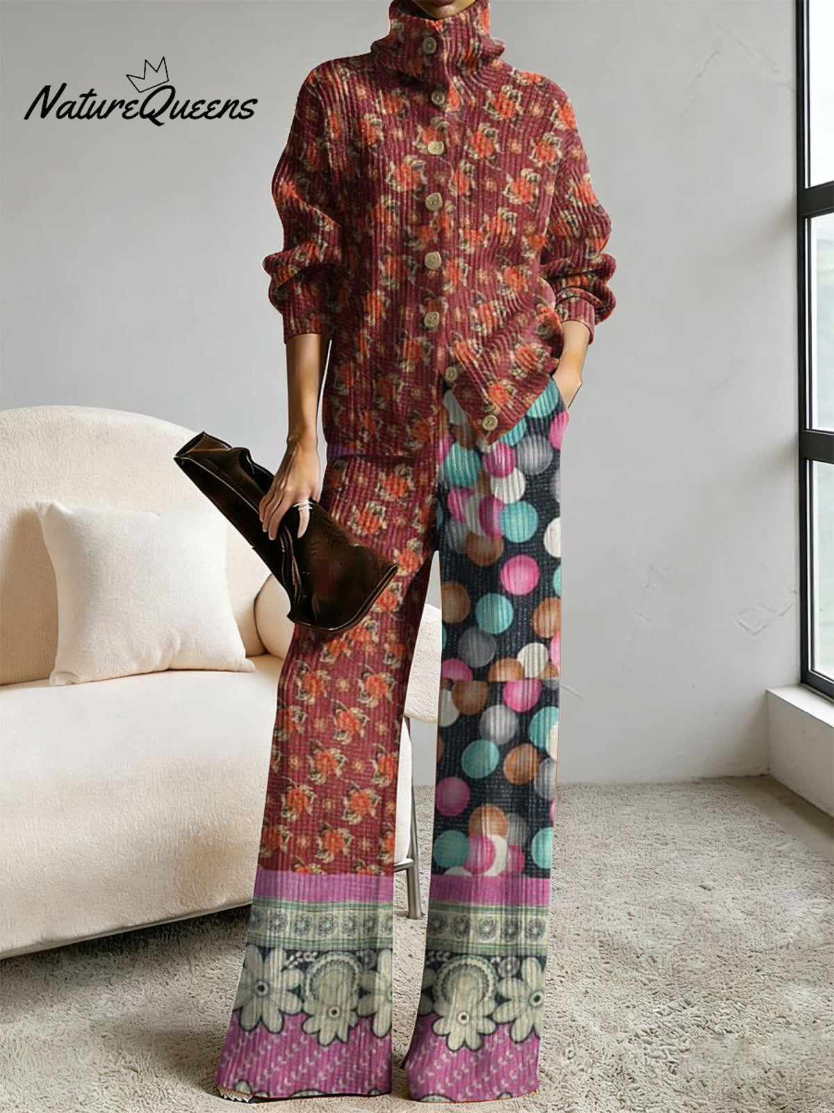 Women's Retro Abstract Geometric Colorful Splicing Patterns Art Print Casual Cotton Knitted Suits