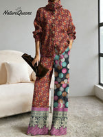 Women's Retro Abstract Geometric Colorful Splicing Patterns Art Print Casual Cotton Knitted Suits